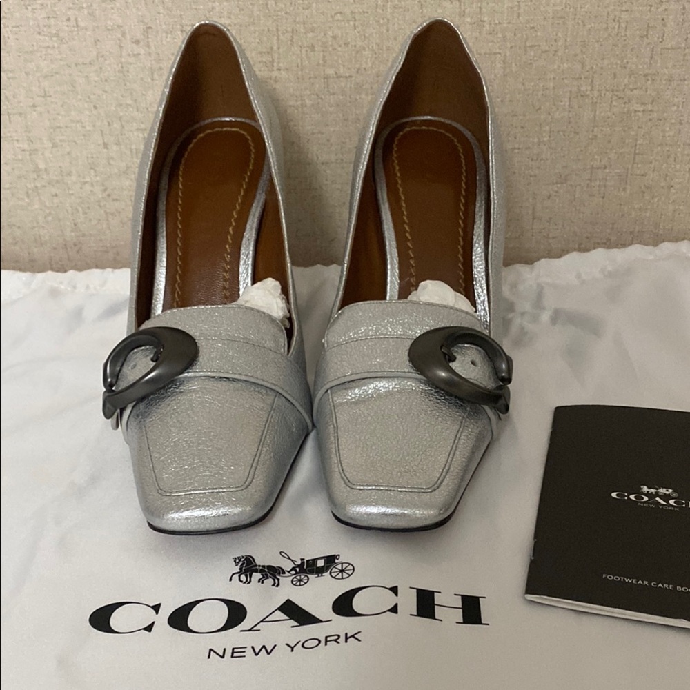 Coach Silver Block Heel Pumps with Square Toe - Picture 2 of 8
